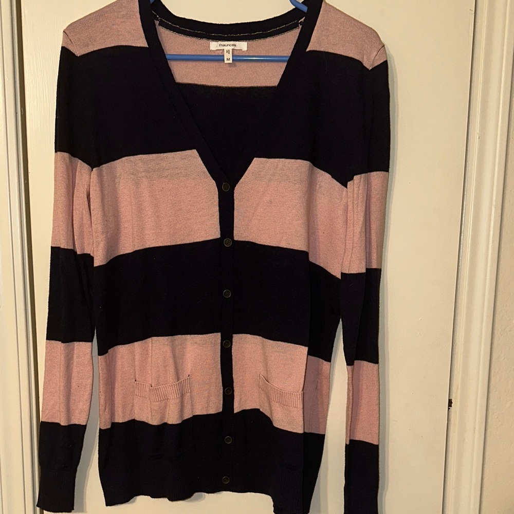 Maurices Pink and Navy Blue Striped Cardigan